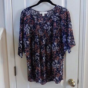 Michael Kors navy and pink floral sheer blouse with short sleeves size medium
